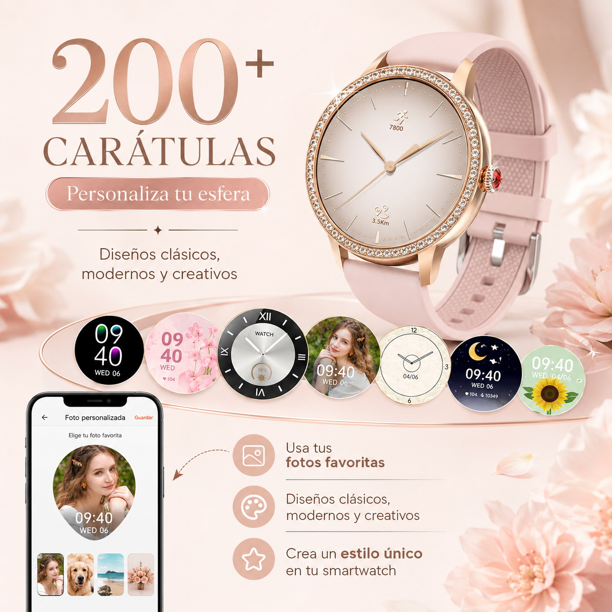 Combo Smartwatch Elegante para Dama Rosé + Audífonos G-Tide L42 Rosa + Bocina Bluetooth Sanag X6S