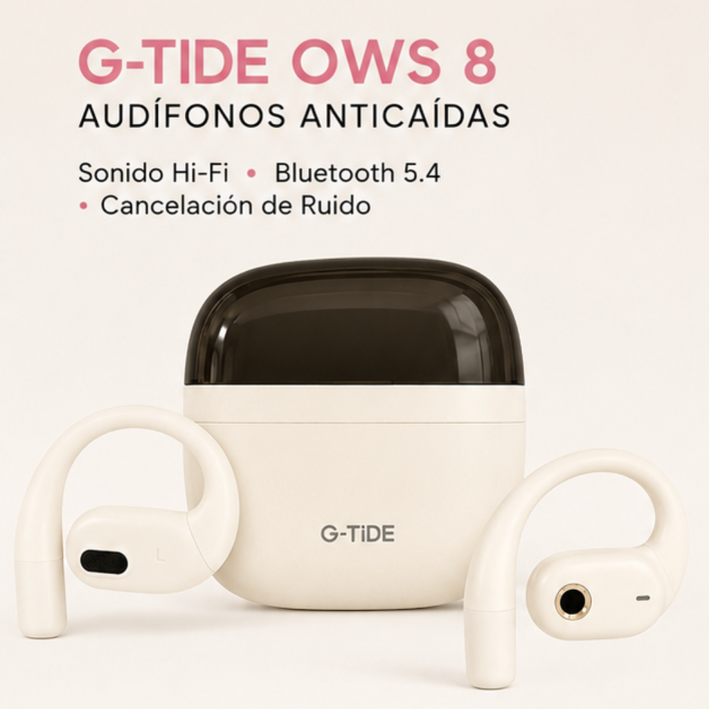 G-tide OWS 8 Audífonos Anticaídas. Bluetooth 5.4, Cancelación de Ruido y Sonido Hi-Fi. BEIGE