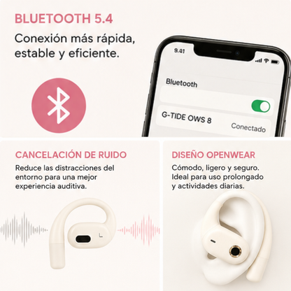 G-tide OWS 8 Audífonos Anticaídas. Bluetooth 5.4, Cancelación de Ruido y Sonido Hi-Fi. BEIGE