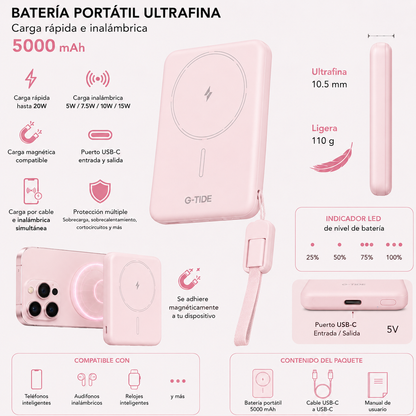 G-tide Slim01 Power bank Ultradelgada, 5000 mAh, carga rápida, carga imalambrica