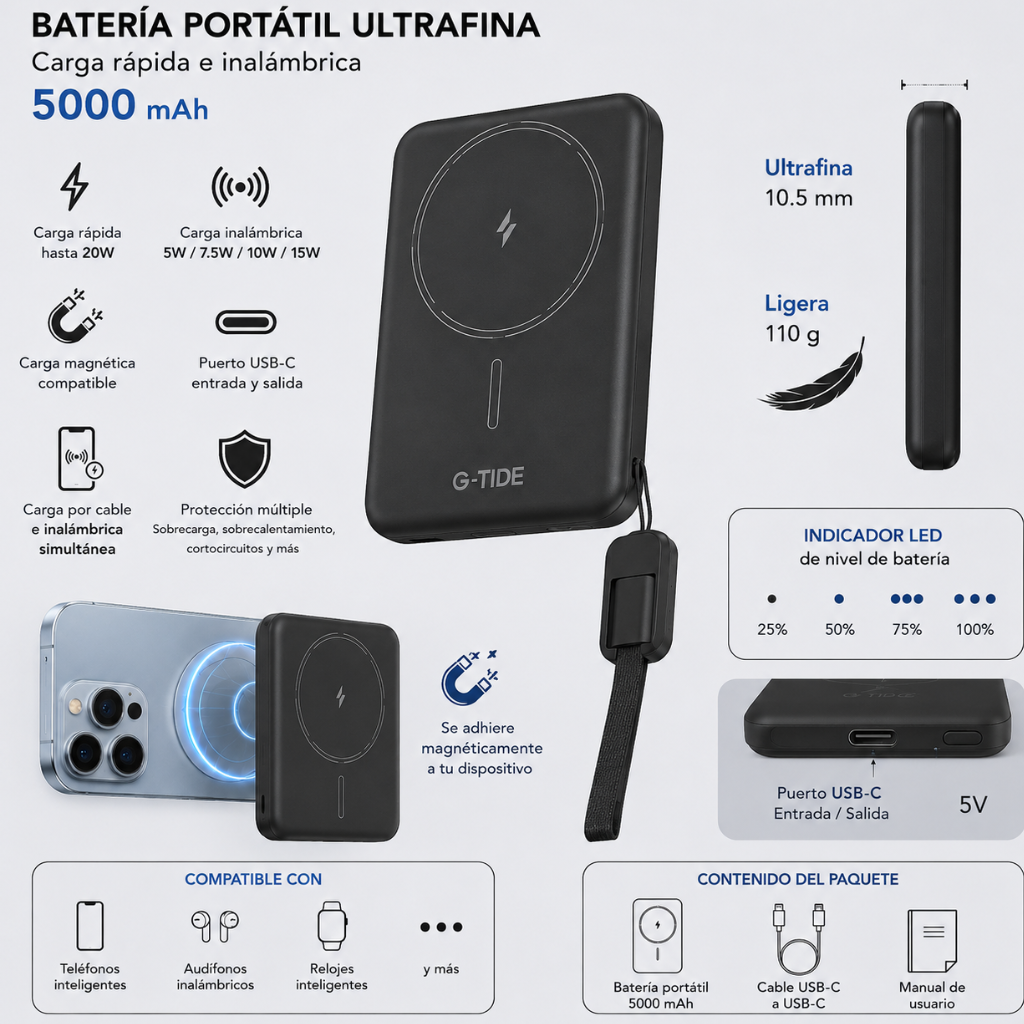 G-tide Slim01 Power bank Ultradelgada, 5000 mAh, carga rápida, carga imalambrica
