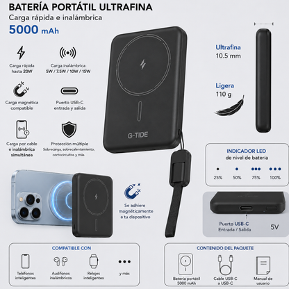 G-tide Slim01 Power bank Ultradelgada, 5000 mAh, carga rápida, carga imalambrica