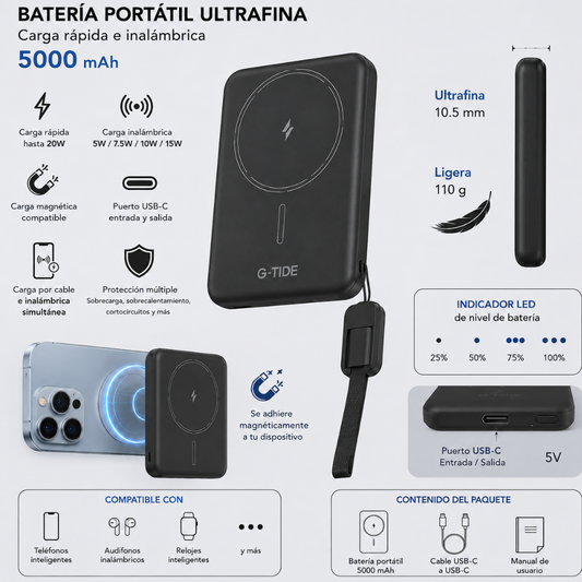G-tide Slim01 Power bank Ultradelgada, 5000 mAh, carga rápida, carga imalambrica
