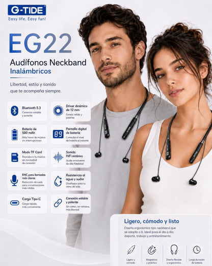 G-Tide EG22 Audífonos Neckband inalámbricos, micrófono, pantalla digital