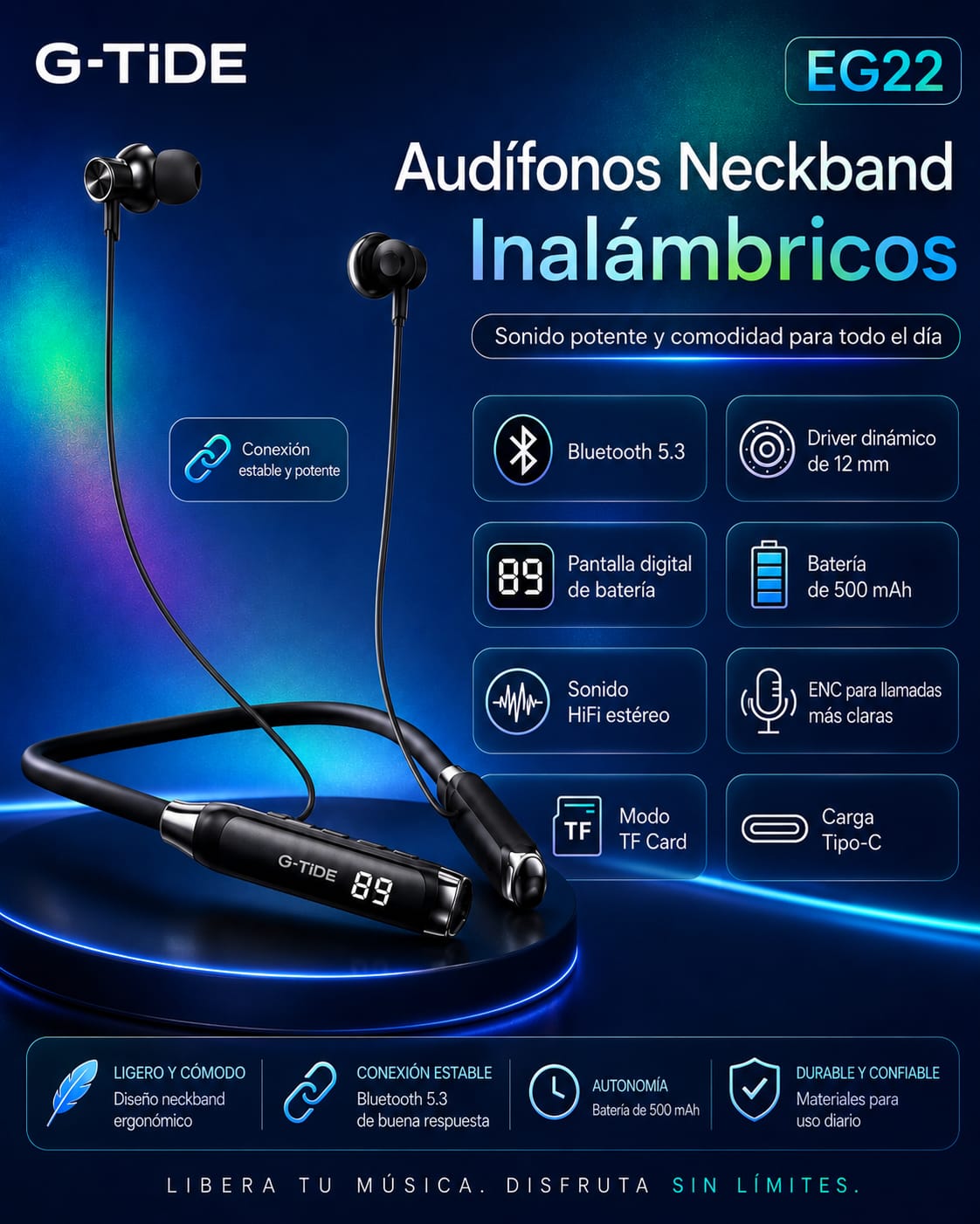 G-Tide EG22 Audífonos Neckband inalámbricos, micrófono, pantalla digital