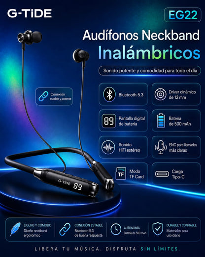 G-Tide EG22 Audífonos Neckband inalámbricos, micrófono, pantalla digital