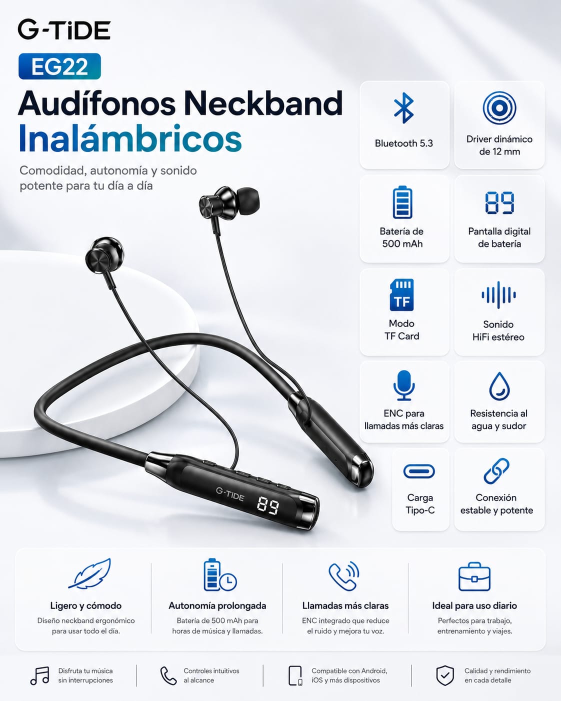 G-Tide EG22 Audífonos Neckband inalámbricos, micrófono, pantalla digital