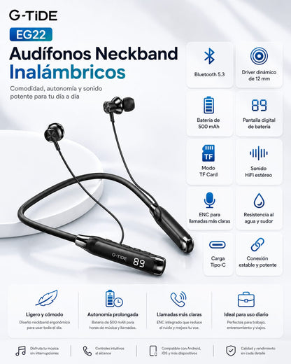 G-Tide EG22 Audífonos Neckband inalámbricos, micrófono, pantalla digital