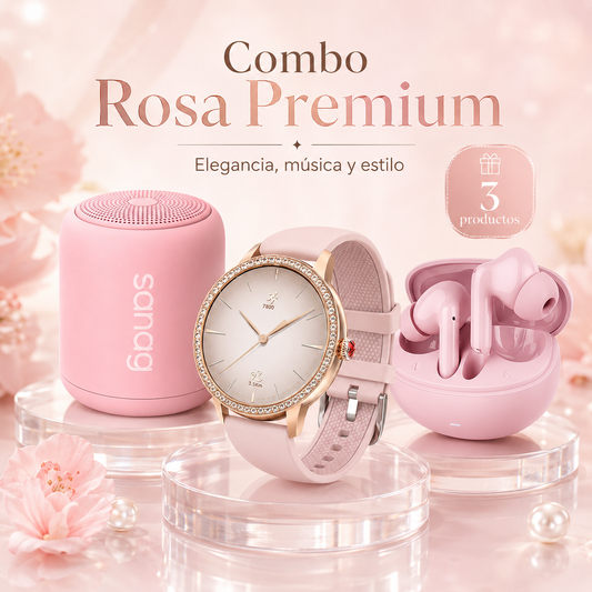 Combo Smartwatch Elegante para Dama Rosé + Audífonos G-Tide L42 Rosa + Bocina Bluetooth Sanag X6S