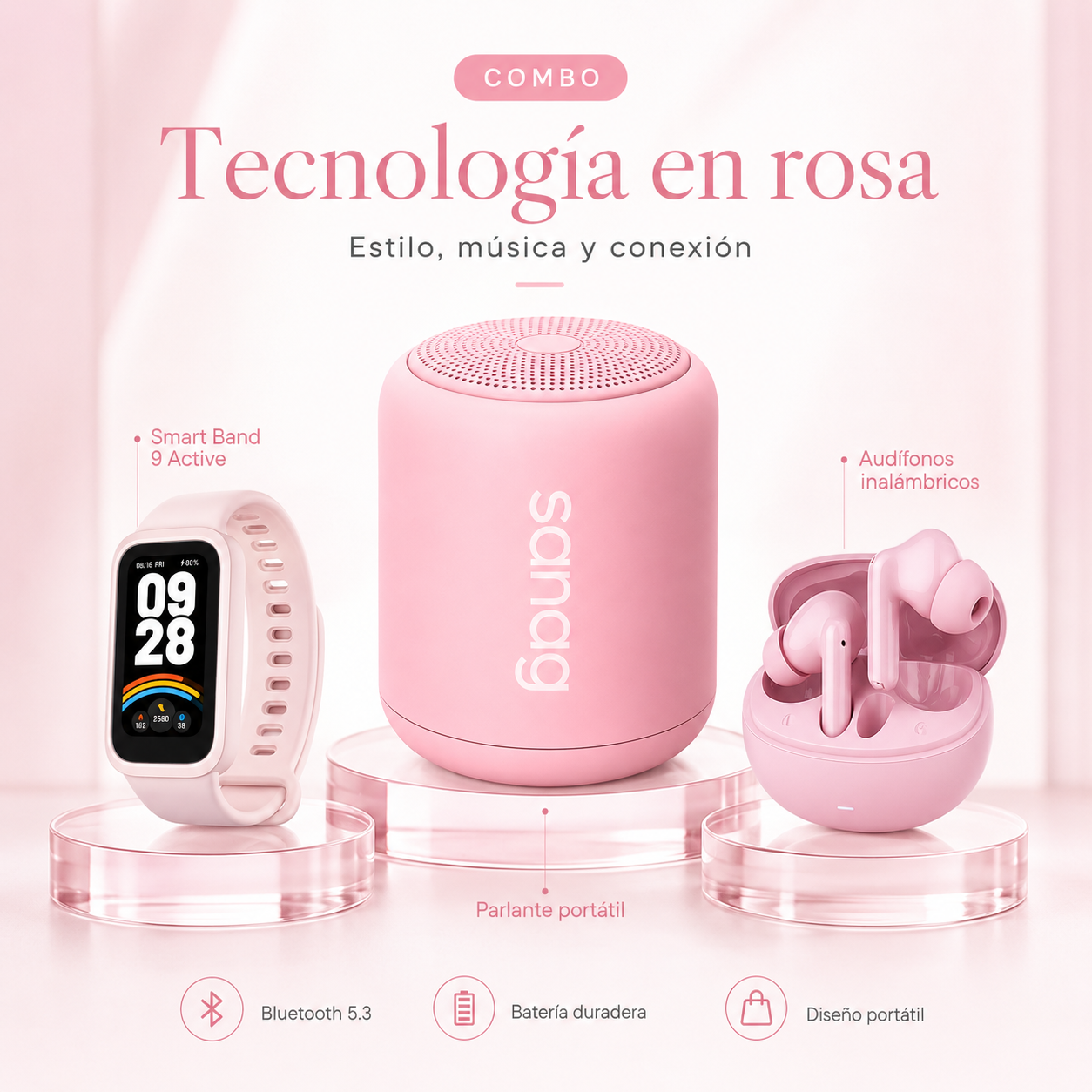 Combo Smartband Xiaomi Redmi 9 Active Rosa + Audífonos G-Tide L42 + Bocina Sanag X6S Bluetooth