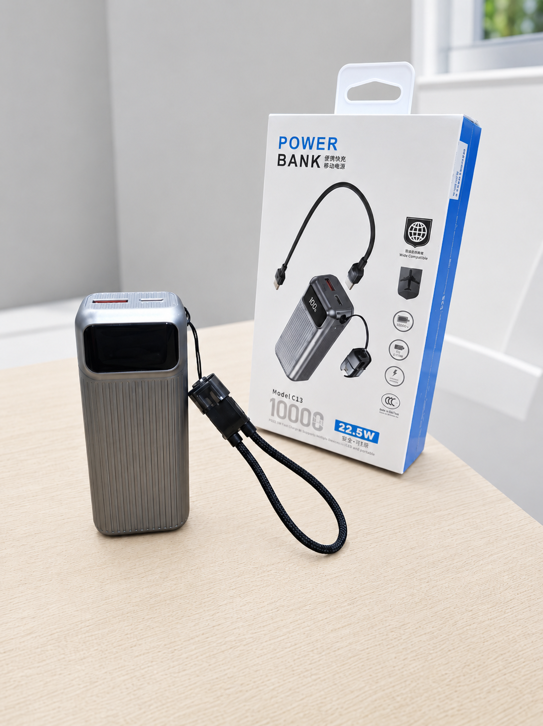 Power Bank C13 10,000mAh 22.5W Carga Rápida con Cables Integrados y Pantalla Digital