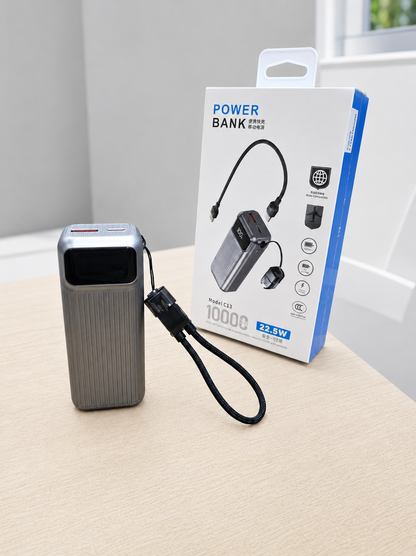 Power Bank C13 10,000mAh 22.5W Carga Rápida con Cables Integrados y Pantalla Digital