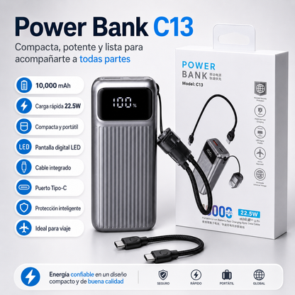 Power Bank C13 10,000mAh 22.5W Carga Rápida con Cables Integrados y Pantalla Digital
