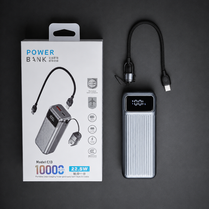 Power Bank C13 10,000mAh 22.5W Carga Rápida con Cables Integrados y Pantalla Digital