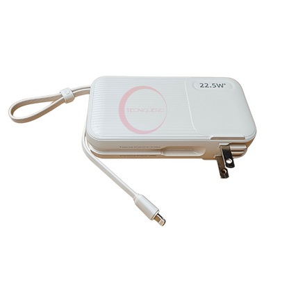 Power Bank G-Tide Traveler 10 000Mha, potencia 22.5w, cables tipo c y  iphone lightning. Con enchufe incluido