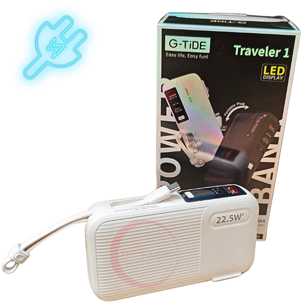 Power Bank G-Tide Traveler 10 000Mha, potencia 22.5w, cables tipo c y  iphone lightning. Con enchufe incluido