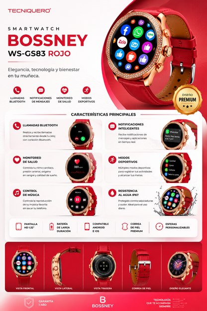 Smartwatch Bossney WS GS83 Rojo – Elegancia, Tecnología y Bienestar en Tu Muñeca