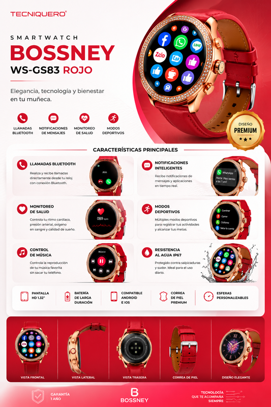 Smartwatch Bossney WS GS83 Rojo – Elegancia, Tecnología y Bienestar en Tu Muñeca