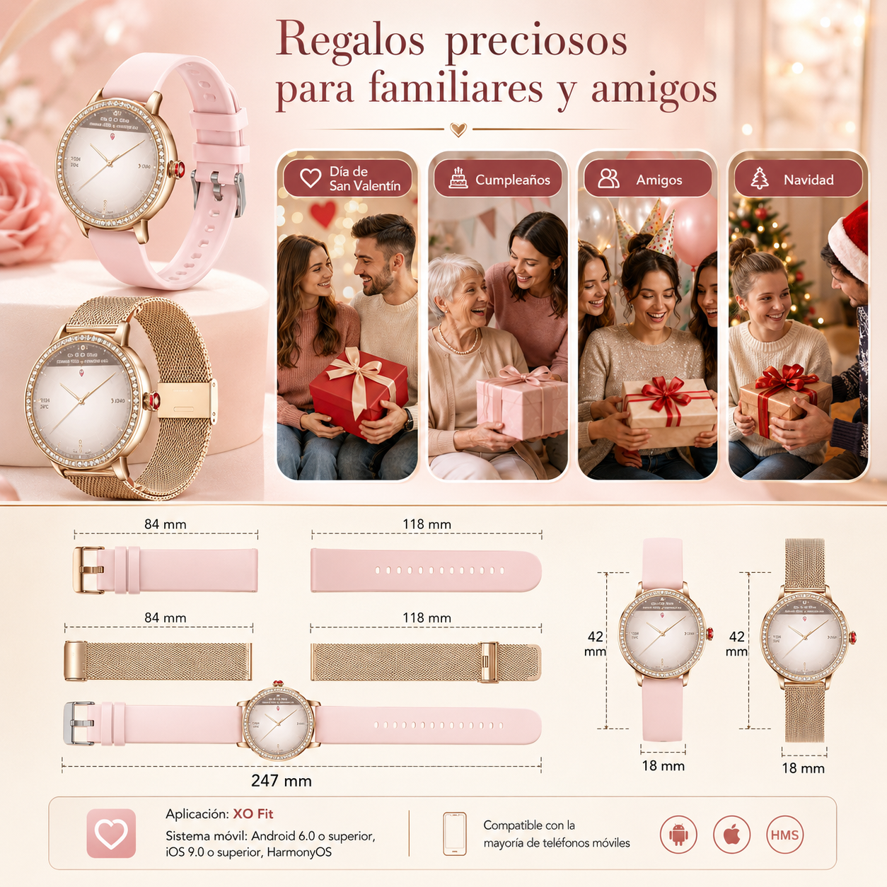 Combo Smartwatch Elegante para Dama Rosé + Audífonos G-Tide L42 Rosa + Bocina Bluetooth Sanag X6S