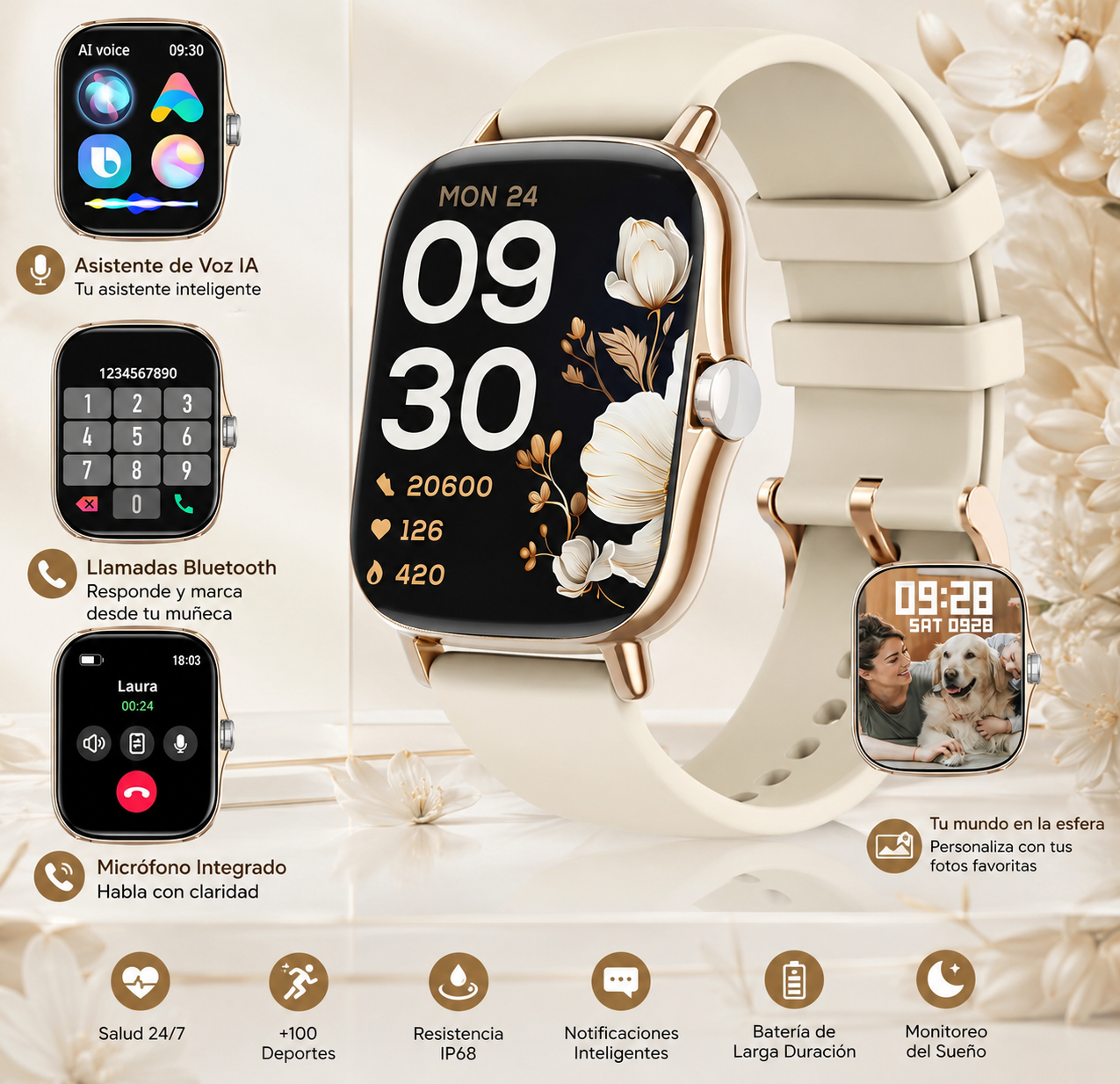 Combo Smartwatch Futurem FM13 + Audífonos HH More Mini T35 Bluetooth Ultra Compactos Dorados