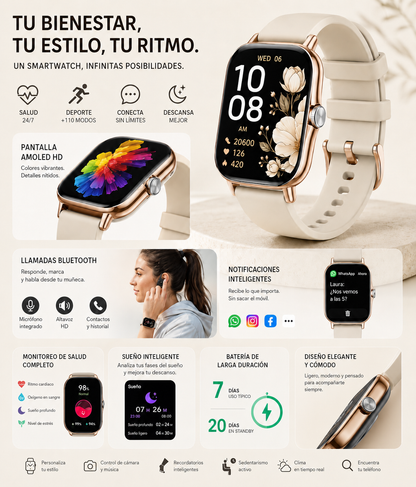 Combo Smartwatch Futurem FM13 + Audífonos HH More Mini T35 Bluetooth Ultra Compactos Dorados