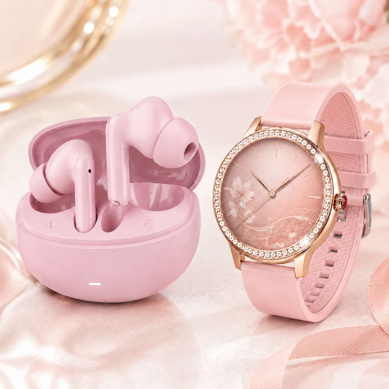 Combo Smartwatch Elegante para Dama Rosé + Audífonos G-Tide L42 Rosa + Bocina Bluetooth Sanag X6S