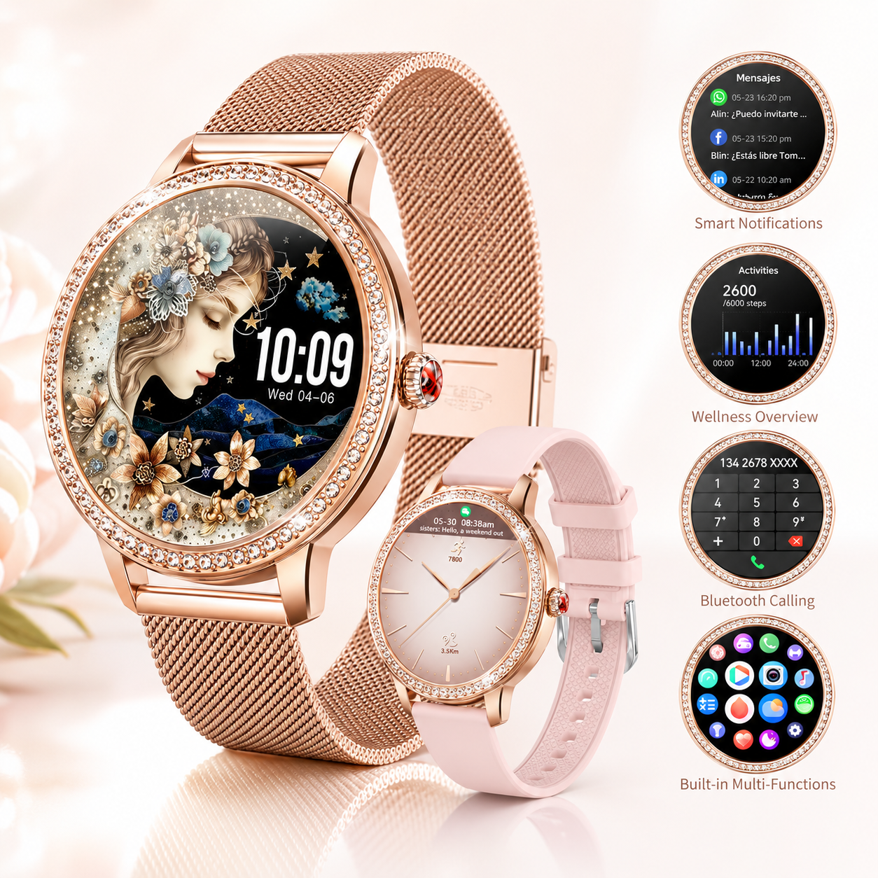 Combo Smartwatch Elegante para Dama Rosé + Audífonos G-Tide L42 Rosa + Bocina Bluetooth Sanag X6S