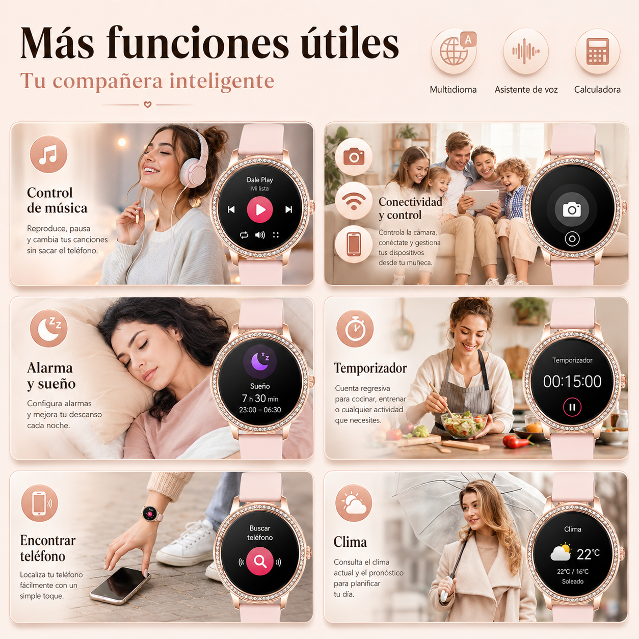 Smartwatch elegante para dama con diseño rosé, cristales brillantes y 2 correas incluidas