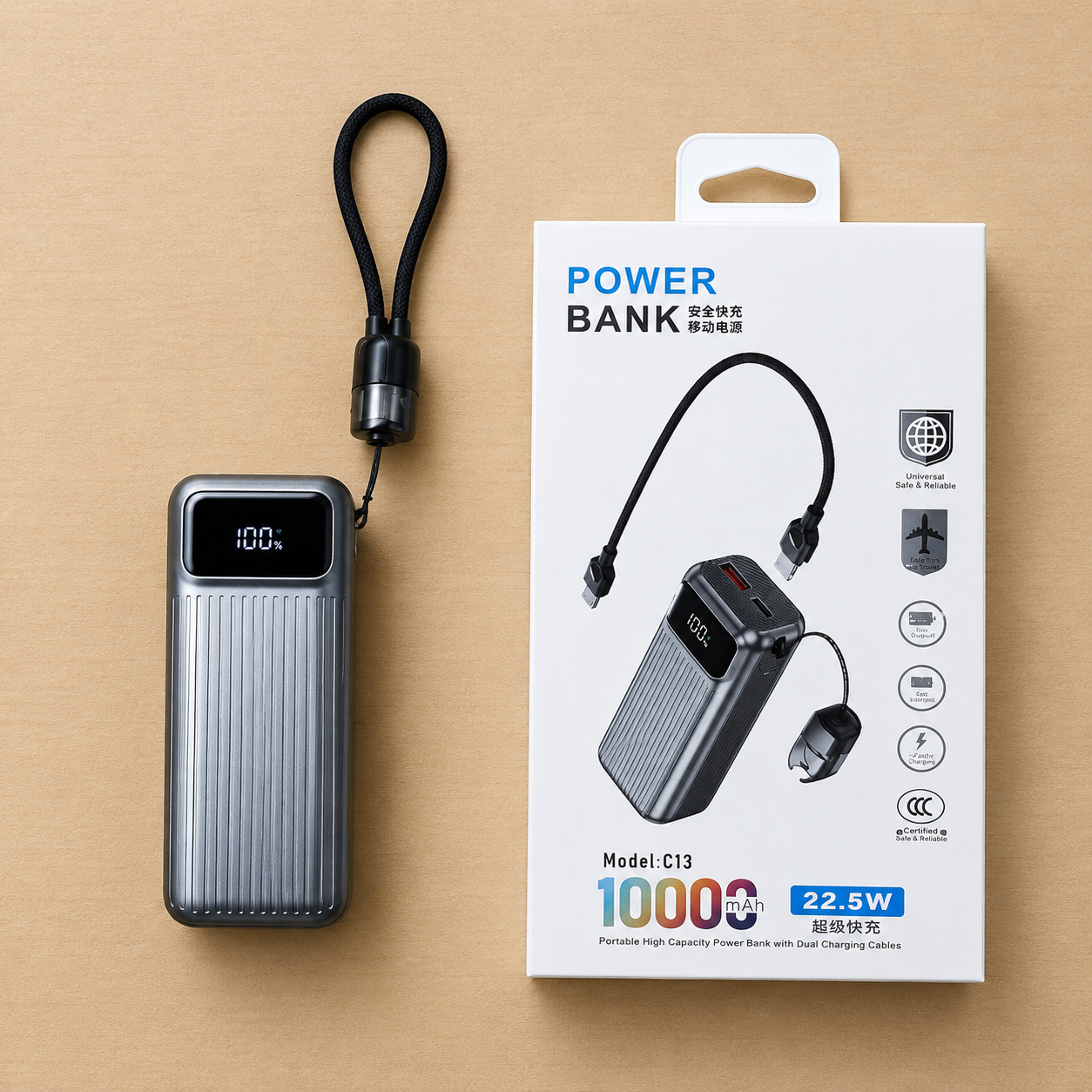 Power Bank C13 10,000mAh 22.5W Carga Rápida con Cables Integrados y Pantalla Digital
