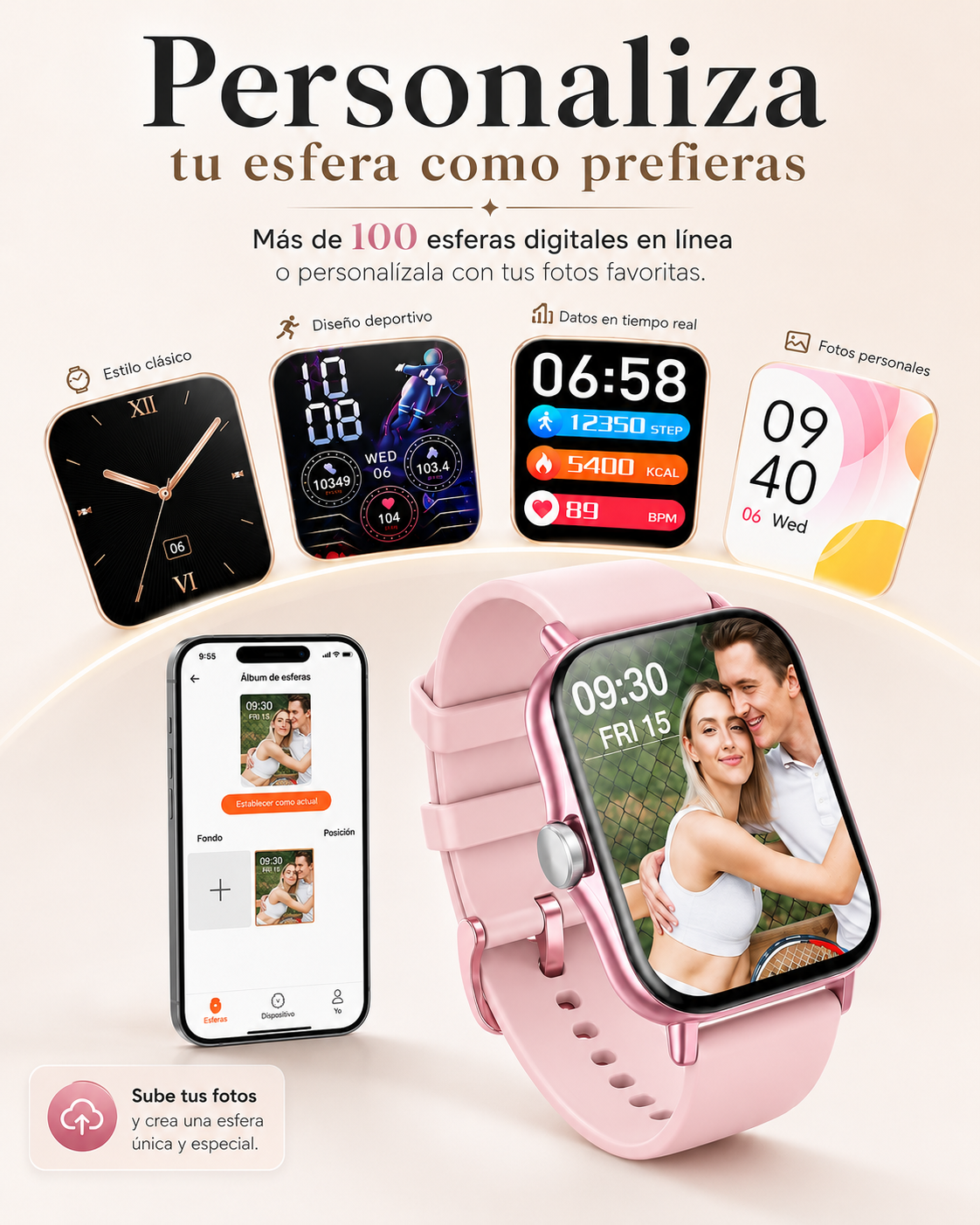 Smartwatch con Llamadas Bluetooth, Pantalla HD 1.75”  FM13 , Asistente de Voz y Modos Deportivos Rosa