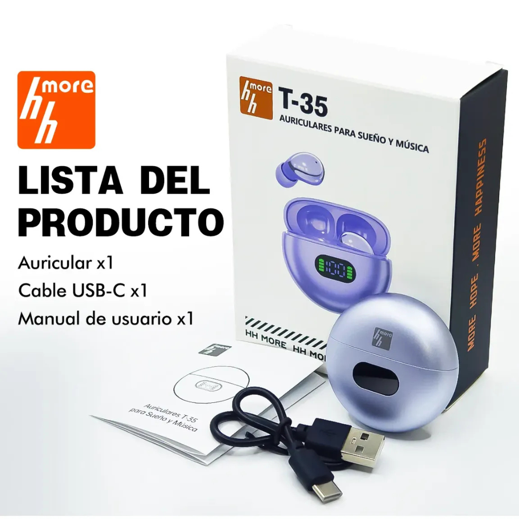 Audífonos HH More Mini T35 Bluetooth 6.0 Ultra Compactos para Sueño y Música. PÚRPURA