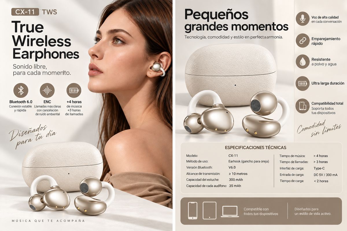 Audífonos clip Bluetooth TWS CX-11 Earhook ENC USB-C Dorados