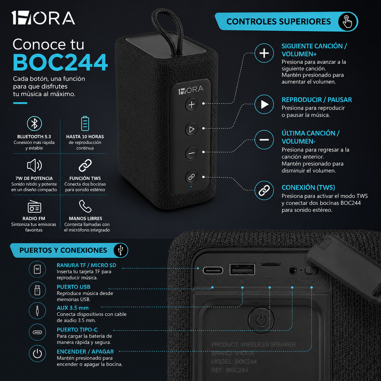 Bocina Bluetooth 1HORA BOC244 Negra Portátil con Sonido Estéreo y TWS