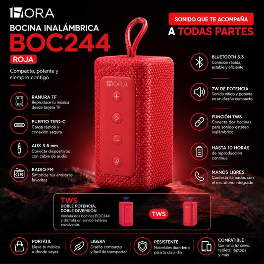 Bocina Bluetooth 1HORA BOC244 Roja Portátil con Sonido Estéreo y TWS