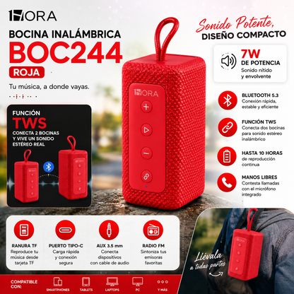 Bocina Bluetooth 1HORA BOC244 Roja Portátil con Sonido Estéreo y TWS
