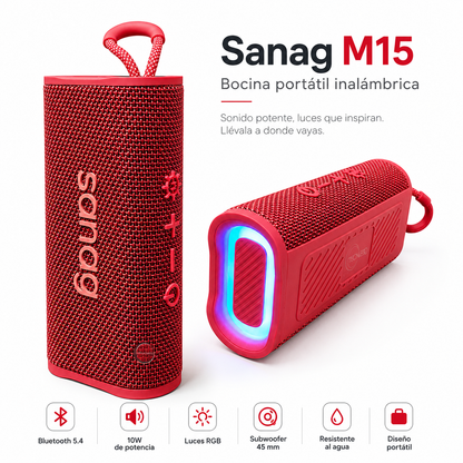Bocina Portátil Sanag M15 Roja Bluetooth 5.4 con Luces RGB, 10W y Resistente al Agua