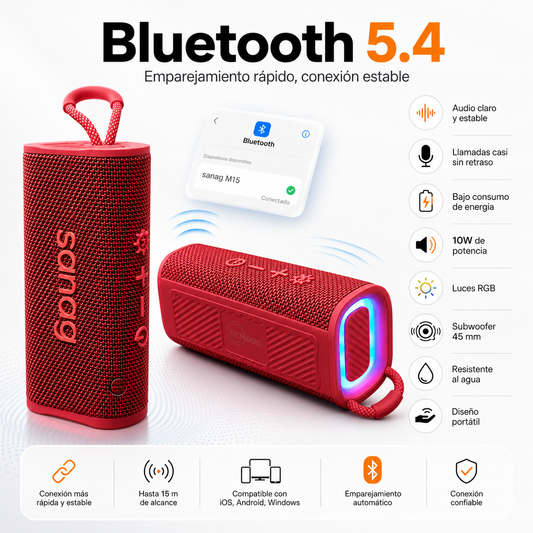 Bocina Portátil Sanag M15 Roja Bluetooth 5.4 con Luces RGB, 10W y Resistente al Agua