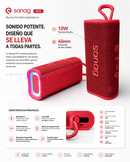 Bocina Portátil Sanag M15 Roja Bluetooth 5.4 con Luces RGB, 10W y Resistente al Agua
