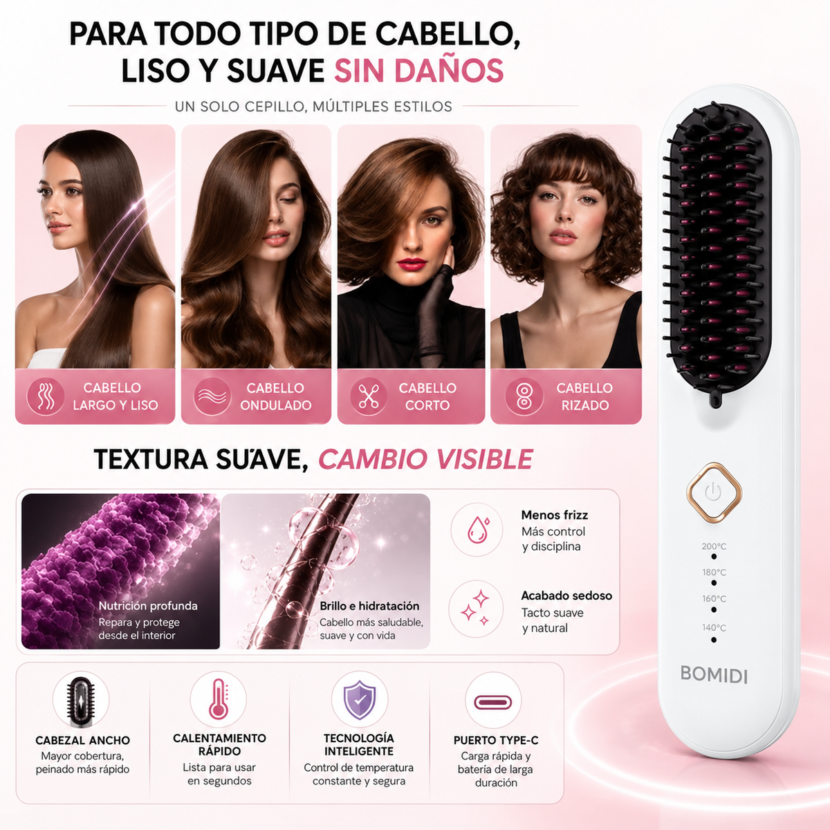 Cepillo Alisador Inalámbrico Alaciador Bomidi HB2 USB-C 4000mAh con 4 Temperaturas