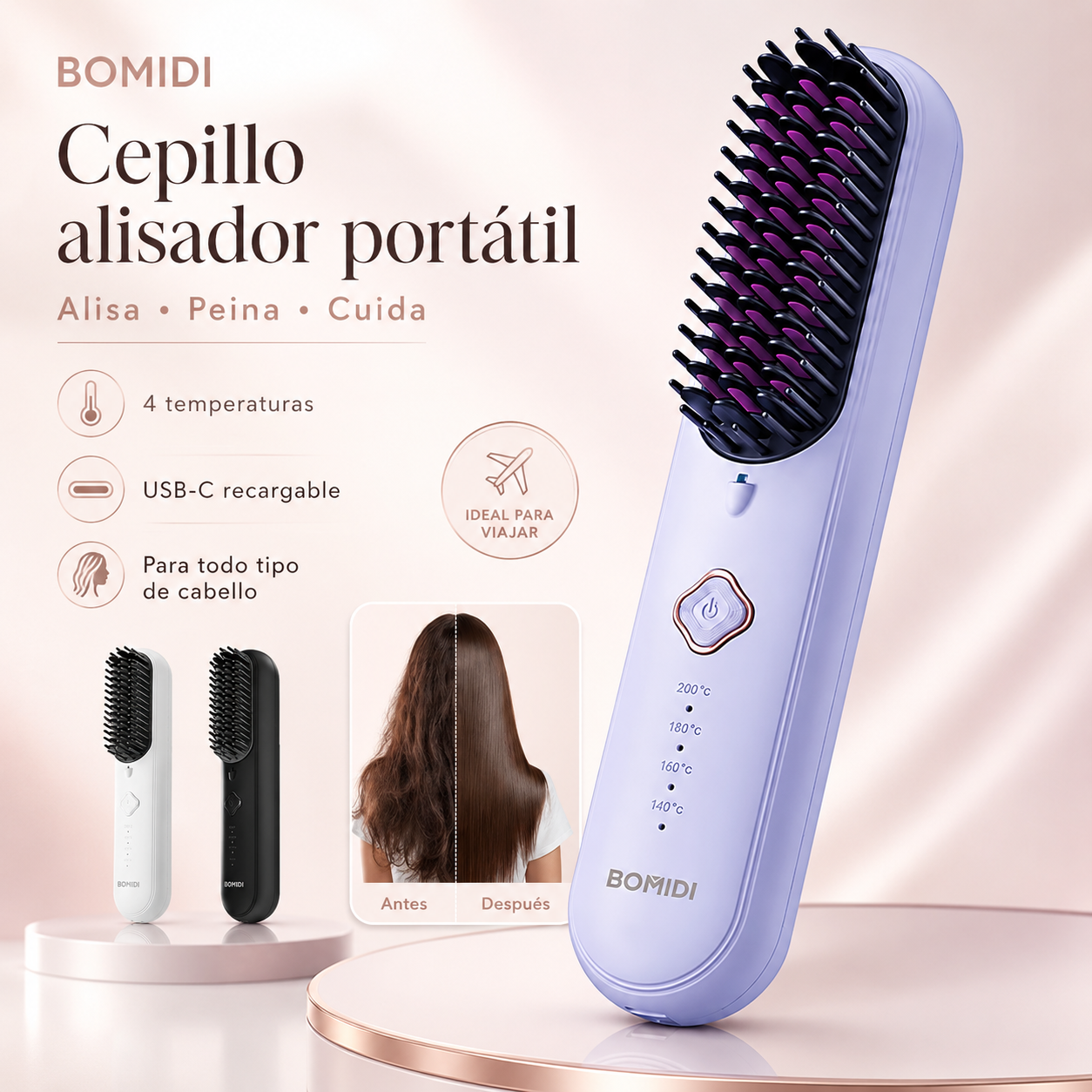Cepillo Alisador Inalámbrico Alaciador Bomidi HB2 USB-C 4000mAh con 4 Temperaturas