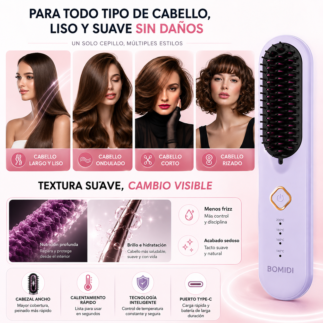 Cepillo Alisador Inalámbrico Alaciador Bomidi HB2 USB-C 4000mAh con 4 Temperaturas