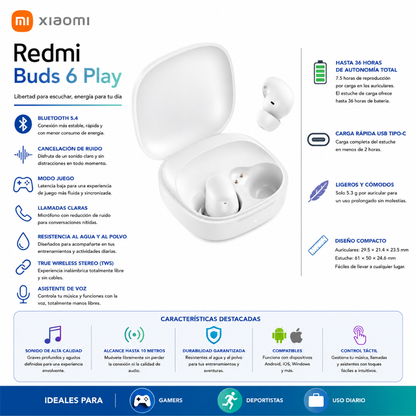 AUDIFONOS REDMI BUDS 6 PLAY (BLANCO) + SMARWATCH HONOR CHOICE 2 EPIC AMOLED