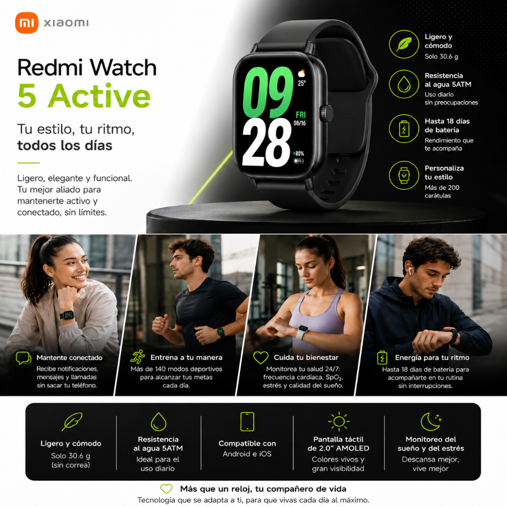 Redmi Watch 5 Active con Llamadas Bluetooth y Hasta 18 Días de Batería + Bocina Sanag X6S EXTRA BASS con Hasta 24 Horas de Reproducción