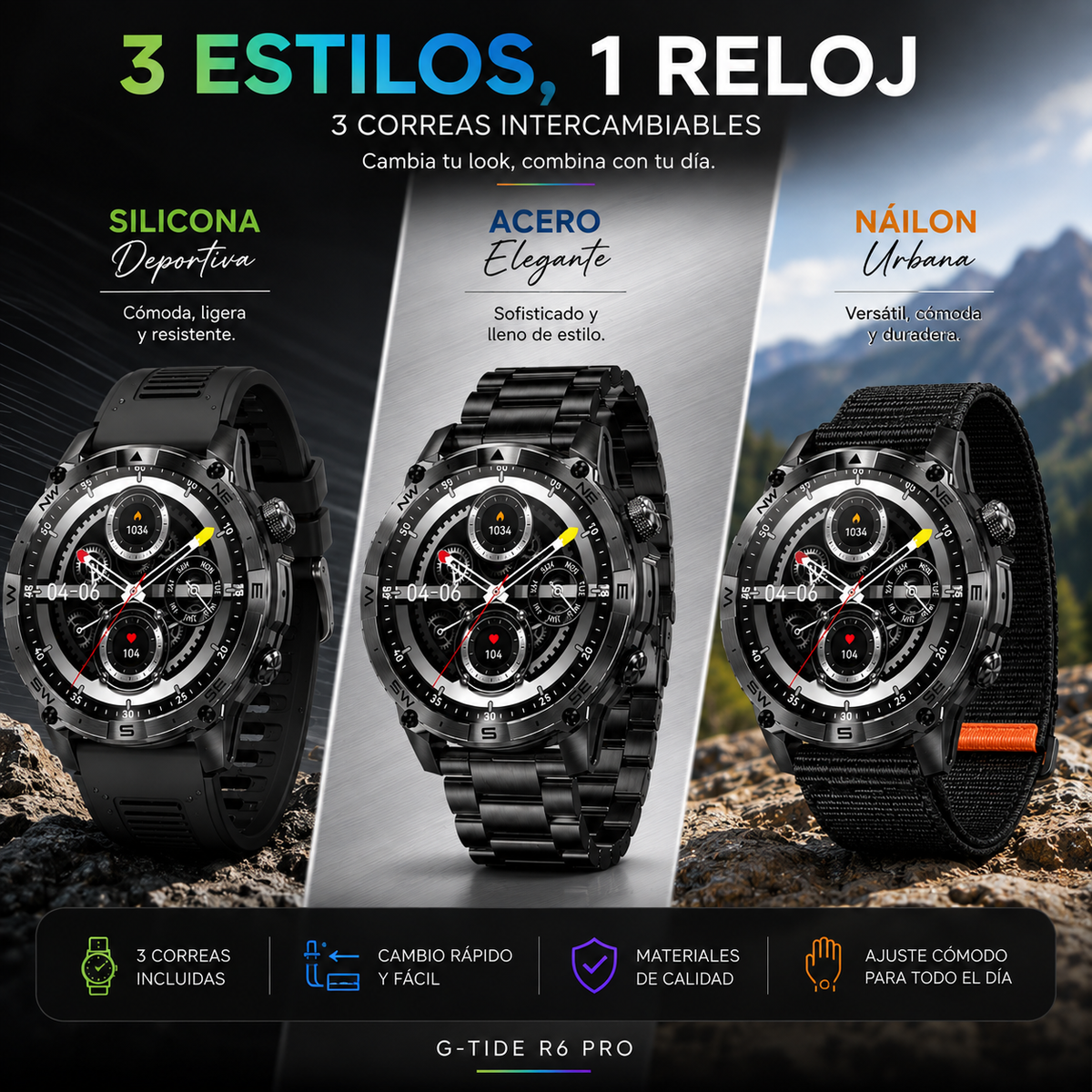 SMARTWACTH G-TIDE R6 PRO (NEGRO) + AUDIFONOS G-TIDE L22 + BOCINA G-TIDE SV-30 (NEGRA)
