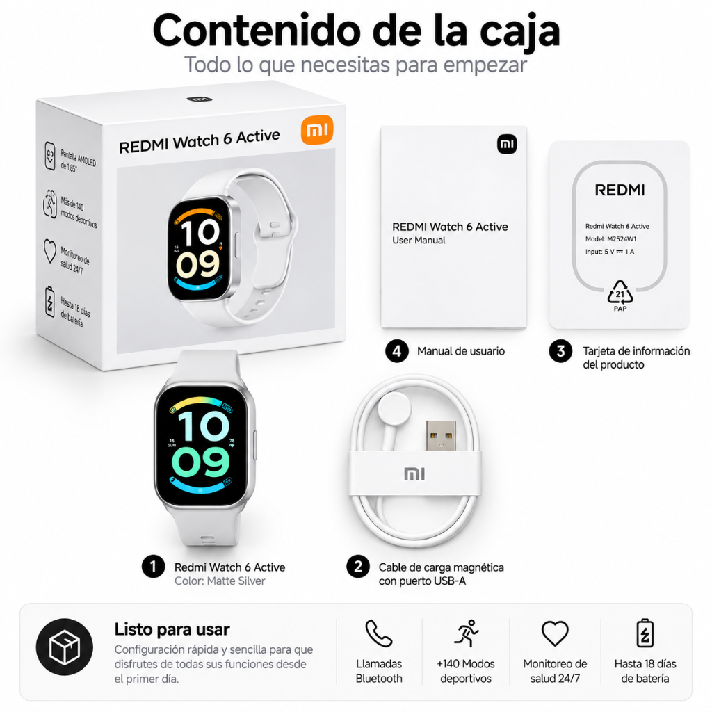 SMARTWATCH XIAMI REDMI WATCH 6 ACTIVE (PLATA) + AUDIFONOS HH MORE T 55 (PLATA)