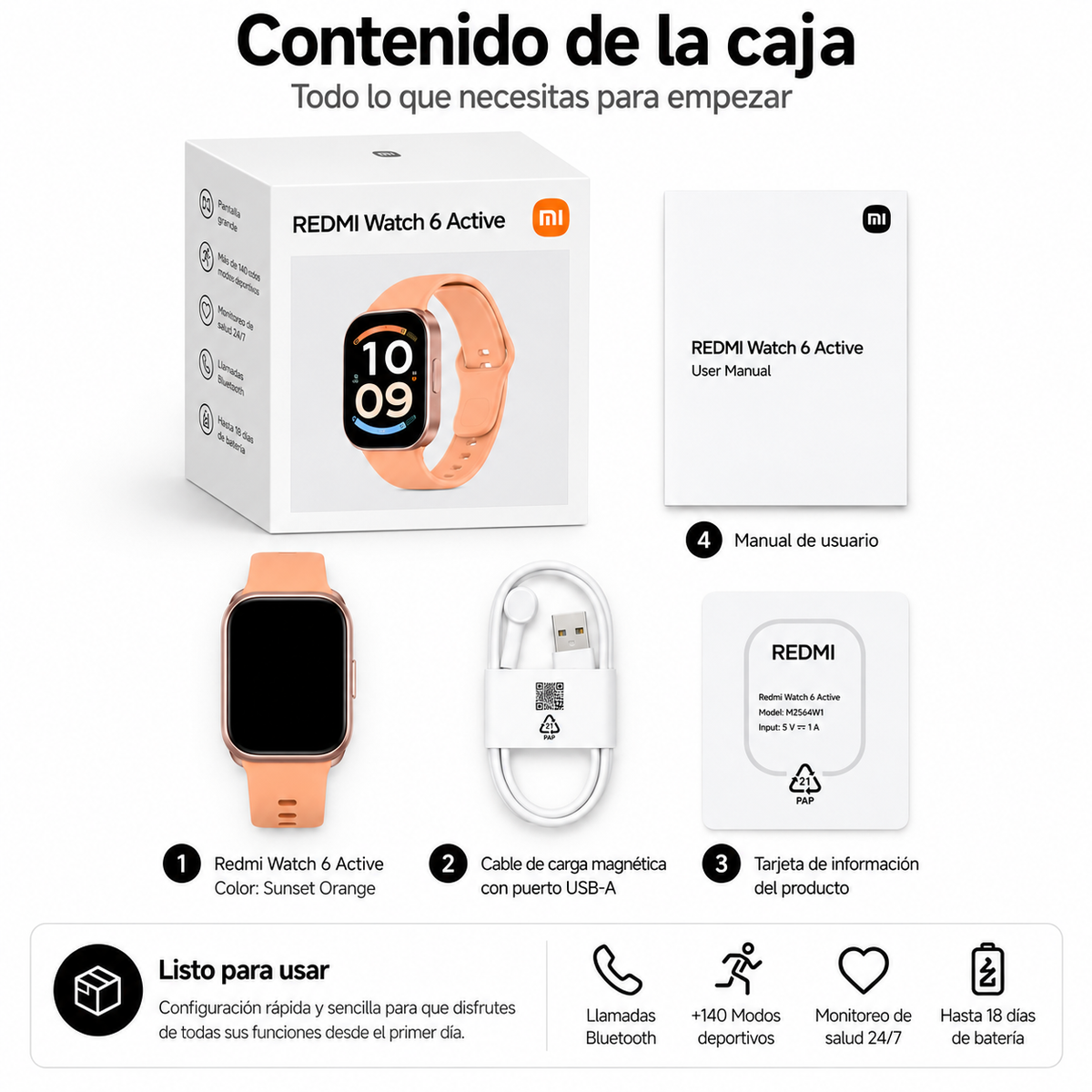 SMARTWATCH XIAOMI REDMI WATCH 6 ACTIVE (ORANGE) + BOCINA SANAG M15 (NEGRA)