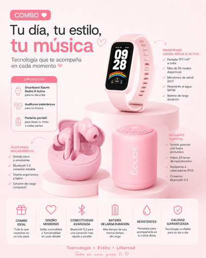 Combo Smartband Xiaomi Redmi 9 Active Rosa + Audífonos G-Tide L42 + Bocina Sanag X6S Bluetooth