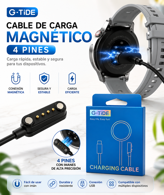 Cable de Carga Magnética de 4 Pines para Smartwatch G-Tide R9 USB Negro