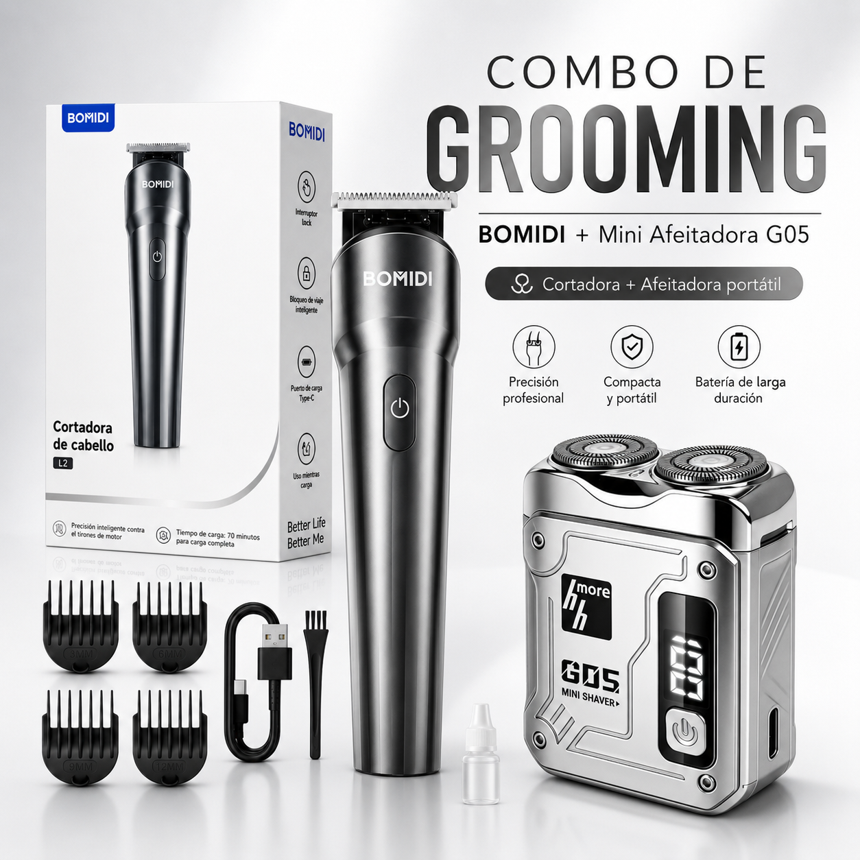 Combo BOMIDI L2 Cortadora de Cabello Recargable + Mini Afeitadora G05 Portátil