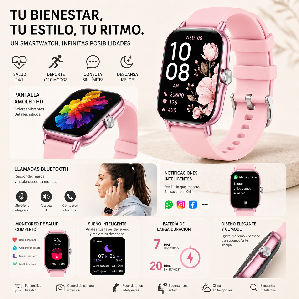 Smartwatch con Llamadas Bluetooth, Pantalla HD 1.75”  FM13 , Asistente de Voz y Modos Deportivos Rosa
